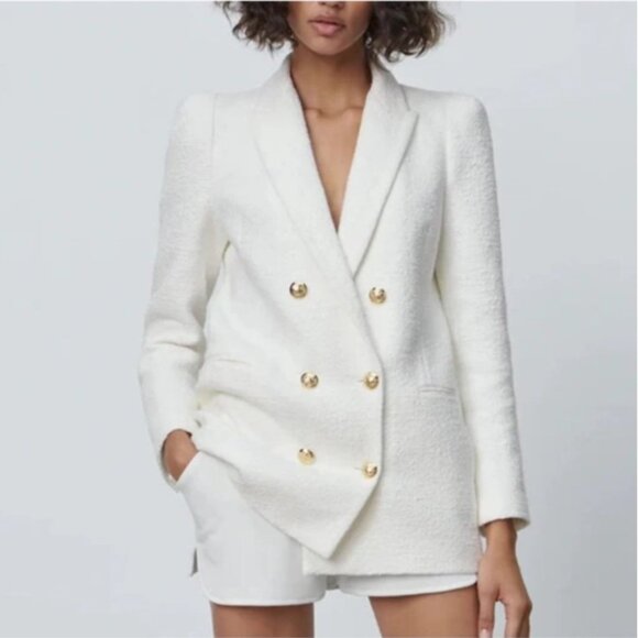 ZARA White Bouclé Double Breasted Blazer Gold Buttons Textured Jacket Women’s S - Picture 1 of 15